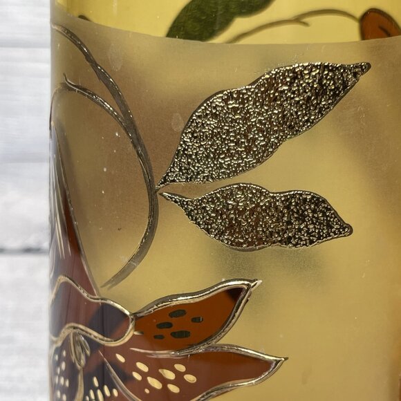 Vintage MCM Floral Amber Gold Hand Painted Etched Glass Pitcher - Picture 2 of 12
